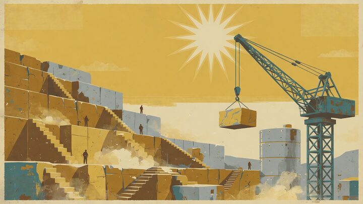 The Stone quarry, concrete blocks and a crane
