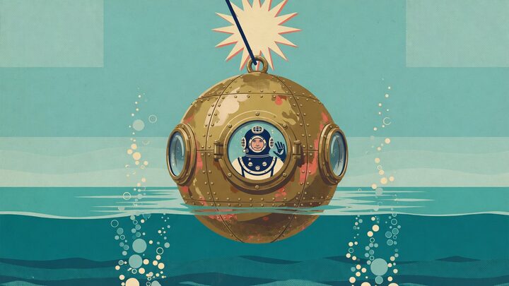 A Tide bathysphere lowered off a pier