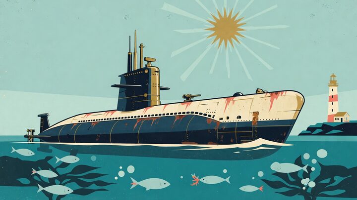 A rust-red submarine surfacing off a harbor of the Tideline, painted in flat atomic-age colour
